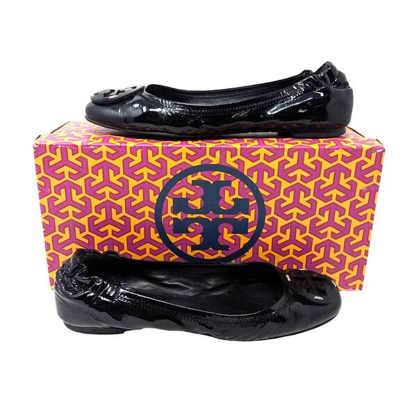 Tory Burch Shoes - Tory Burch Black Patent Leather Minnie Ballet Flats Logo 6.5